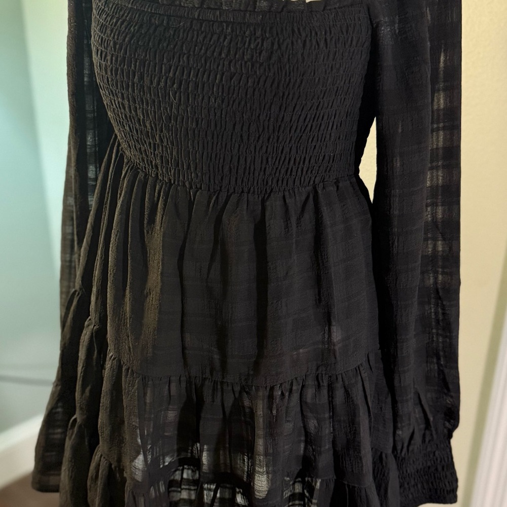Urban Outfitters River Smocked Long Sleeve Mini Dress Small Babydoll Tiered Boho - Picture 2 of 16
